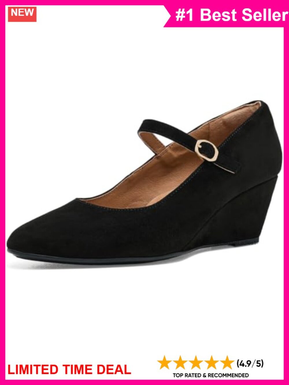 Wedge Heel Mary Jane Pumps Leather Pointed Toe Dress Shoes